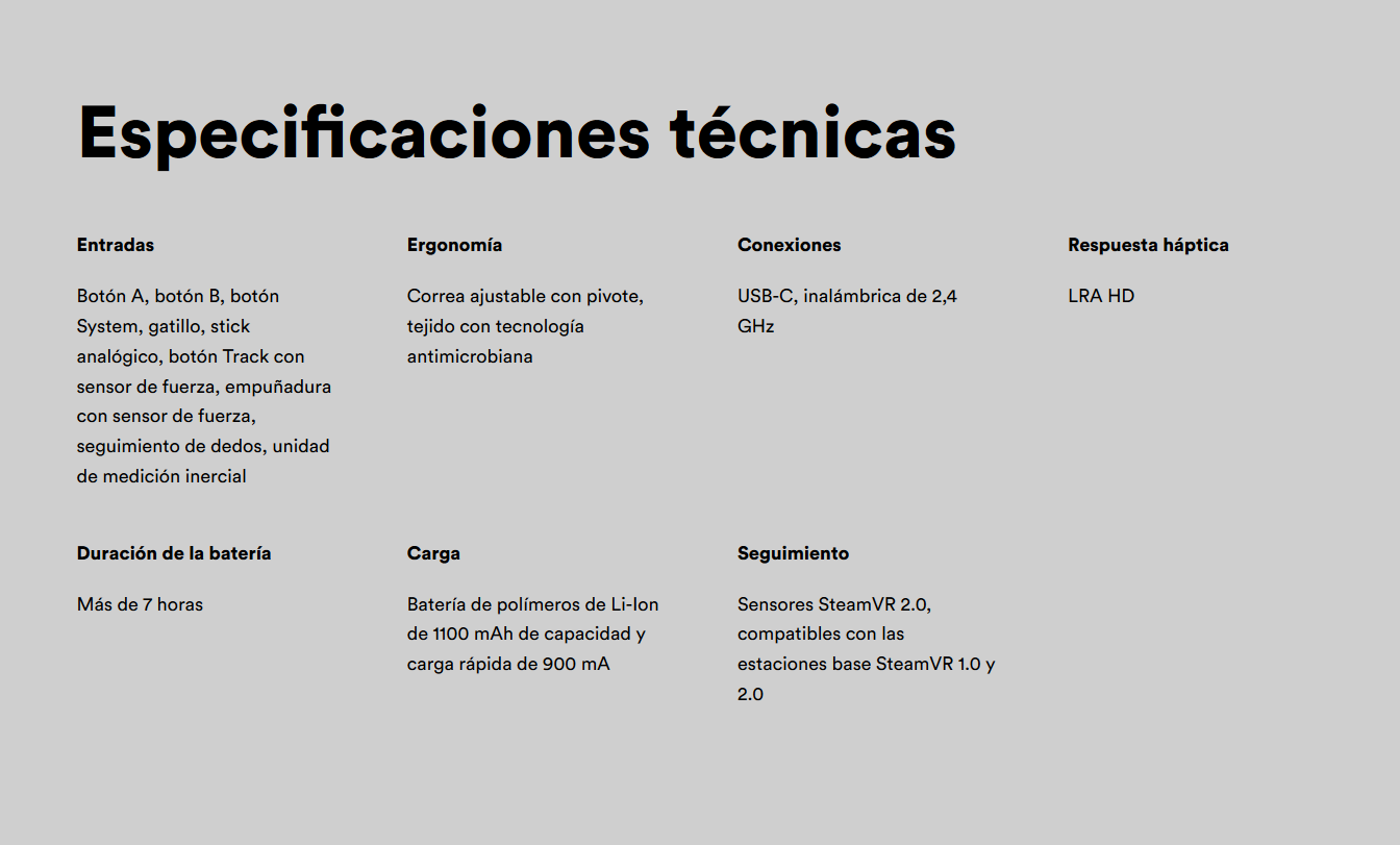 Valve Index Controllers Especificaciones